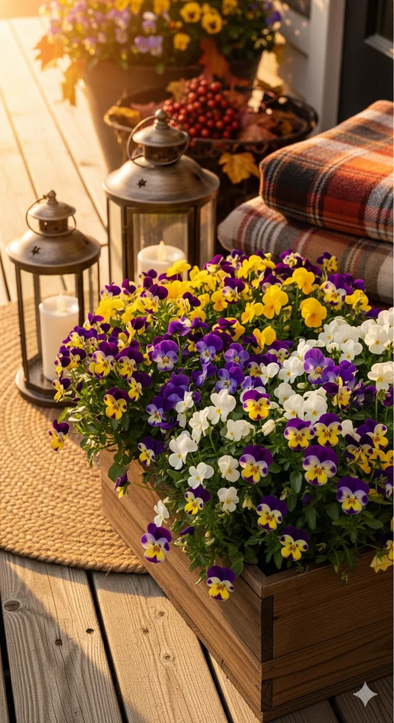 Planter filled with colorful pansies, lanterns, and a plaid blanket on a rustic outdoor setting. 
