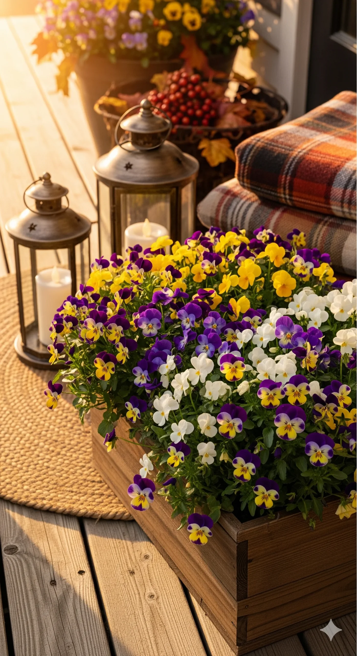 Best Fall Flowers to Plant Planter filled with colorful pansies, lanterns, and a plaid blanket on a rustic outdoor setting.