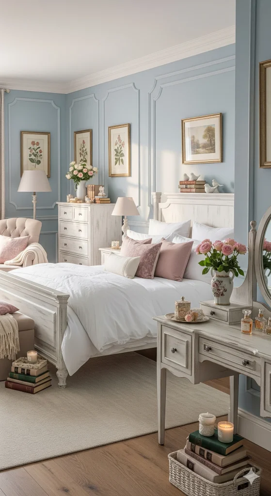 A cozy, elegant Cottage Color Palette bedroom decorated in soft blue and white tones with pink accents and classic furniture.