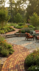 A winding brick pathway and flagstone patio with outdoor furniture, surrounded by lush gardens and trees.