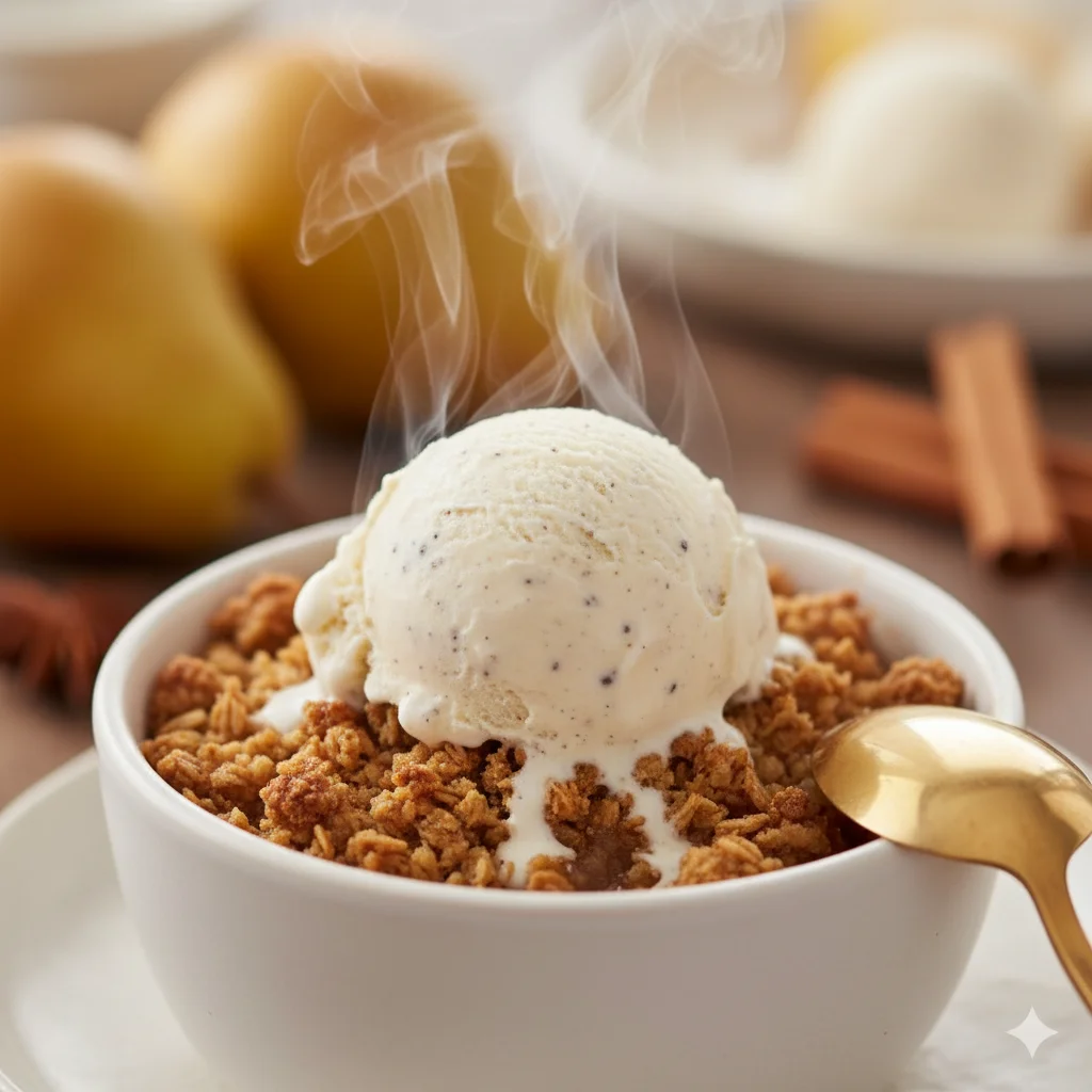 A bowl of warm pear crisp topped with a scoop of melting vanilla ice cream, with pears and cinnamon sticks in the background. 