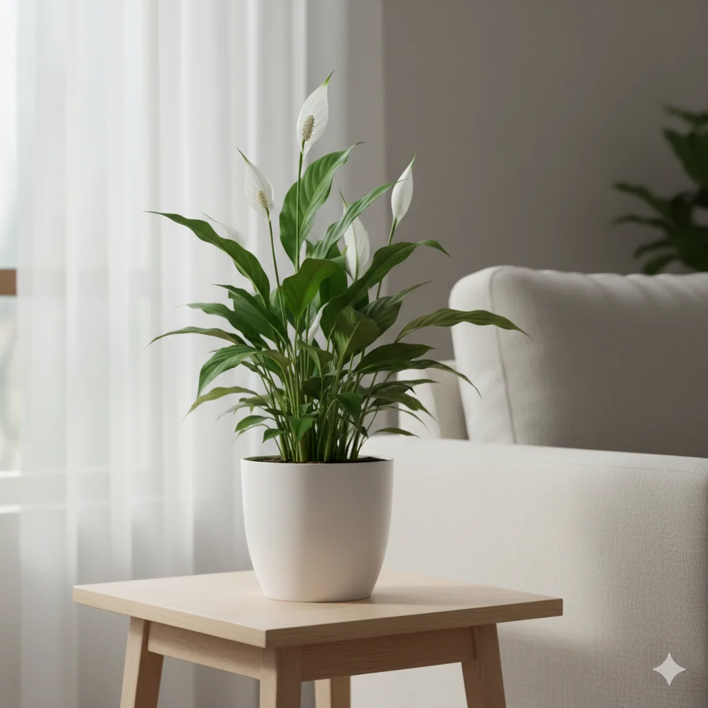 peace lily in a matte white ceramic pot