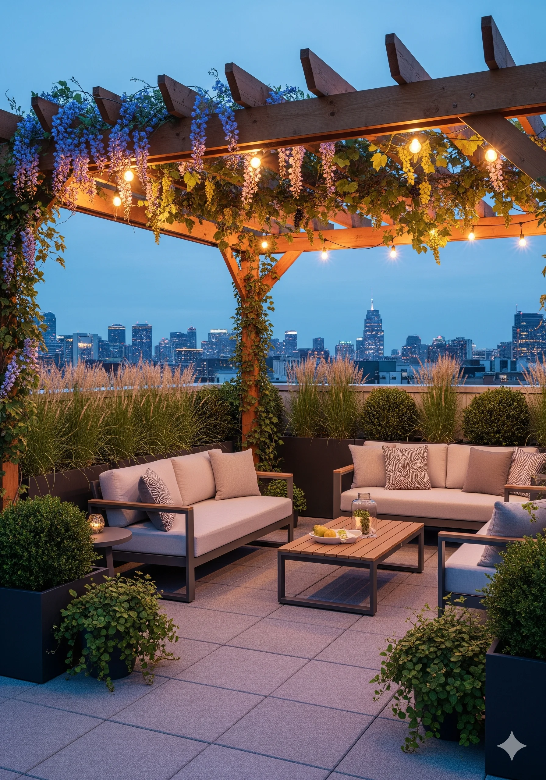 Pergola Rooftop Garden Ideas with Cozy Seating Nooks