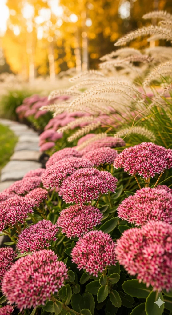 A bed of pink Sedum 'Autumn Joy' flowers in bloom. 