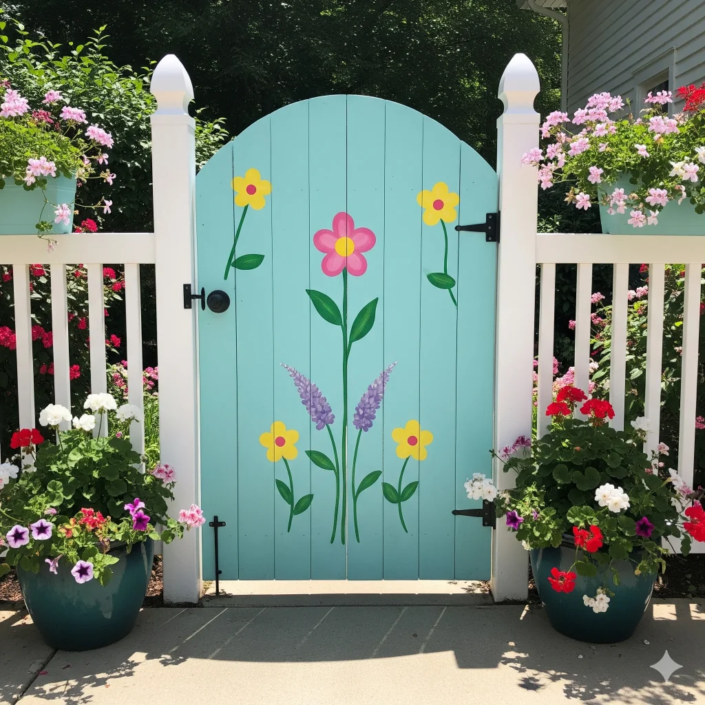 A light blue garden gate painted with colorful flowers, flanked by white picket fence posts and vibrant potted flowers.