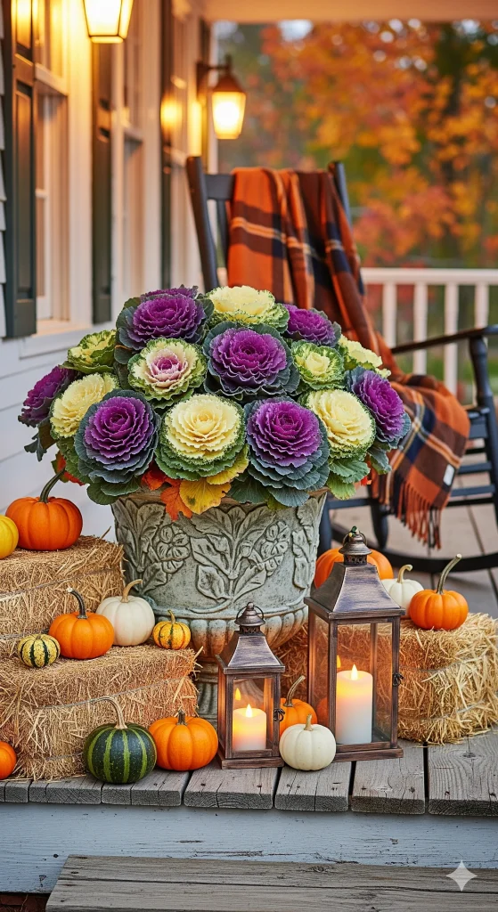 A fall-themed porch display featuring ornamental cabbage in a planter, surrounded by pumpkins, gourds, hay bales, and lanterns. 