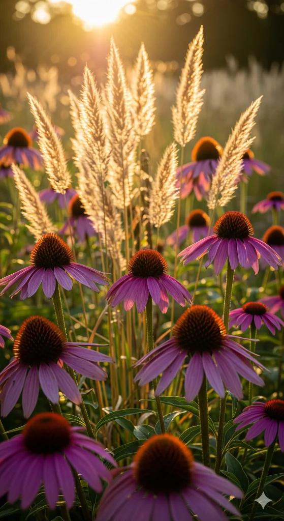 A field of purple coneflowers (Echinacea purpurea) in golden sunlight, with tall grasses in the background. 