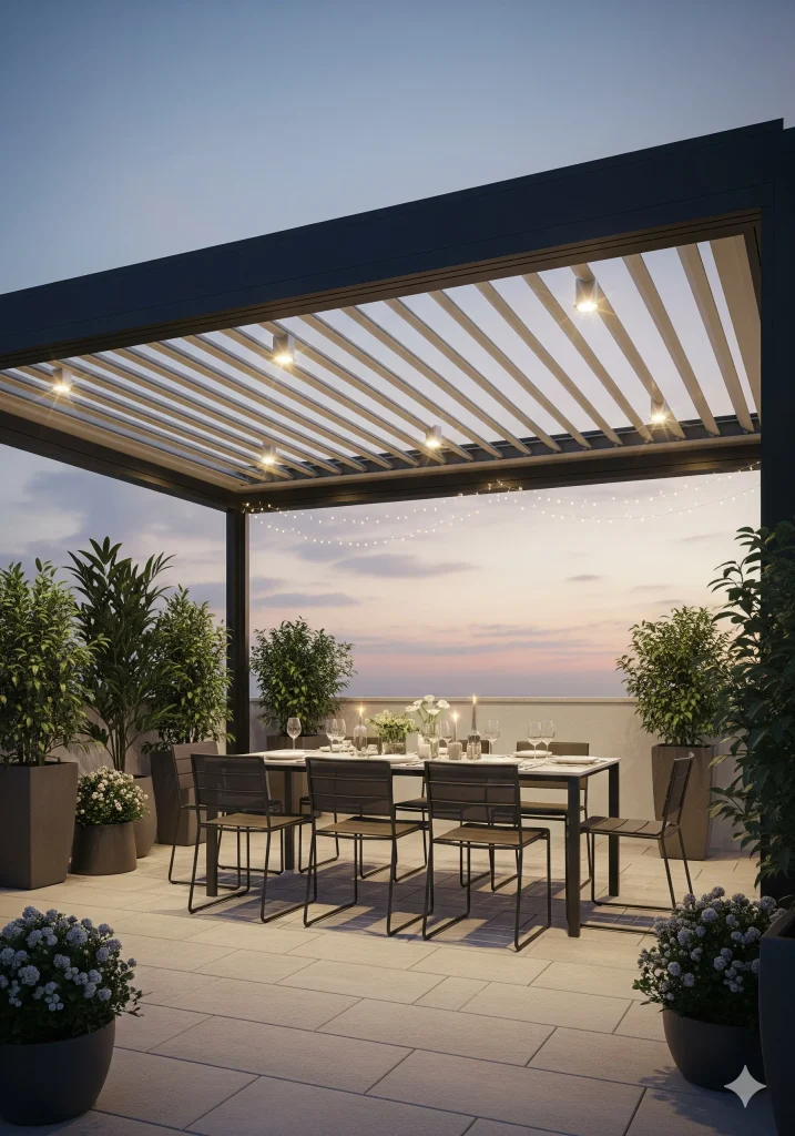 Retractable Roof
A modern patio with a pergola, dining table and chairs, potted plants, and string lights, set against a sunset sky. 