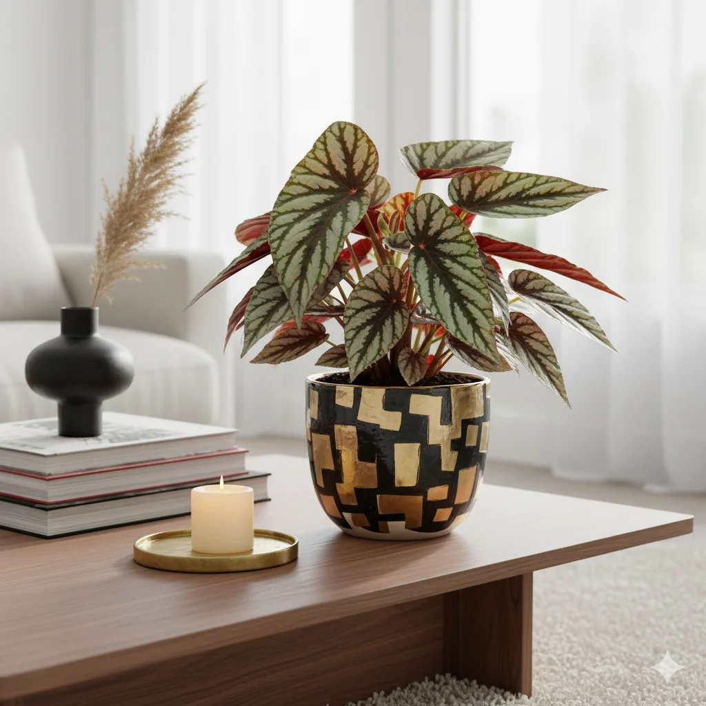 A rex begonia with swirled colorful foliage in a decorative ceramic pot