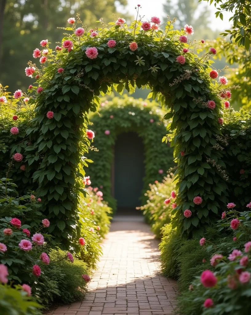 A garden archway covered in lush green foliage and blooming pink roses, with a path leading through to another archway in the distance. 
