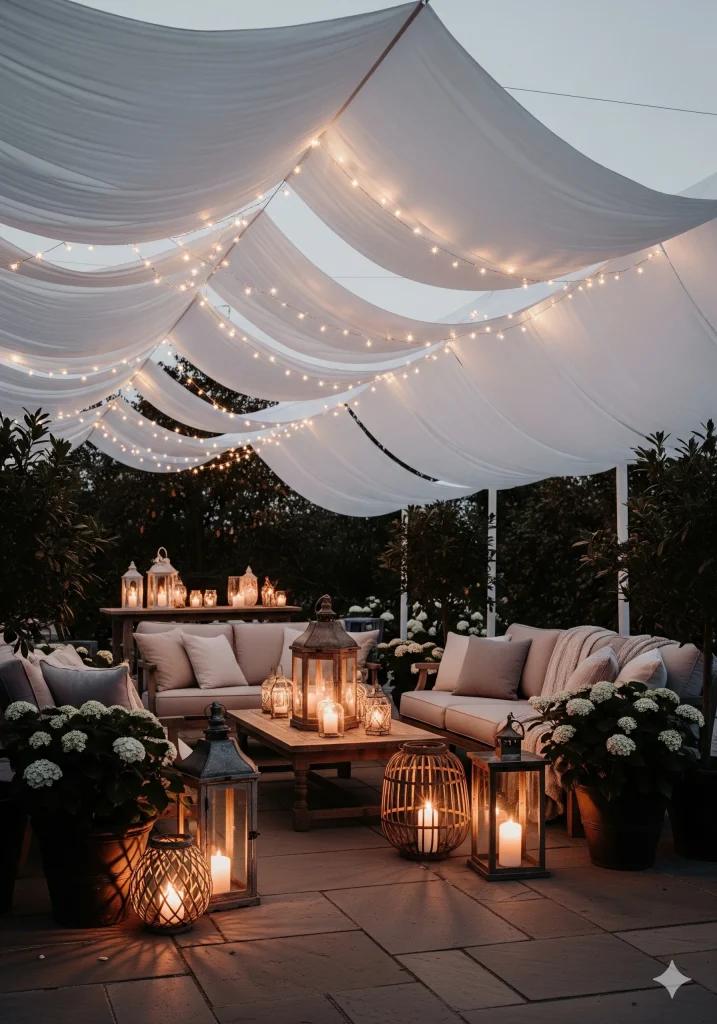 A cozy outdoor Retractable Roof patio decorated with string lights, white drapes, lanterns, candles, and comfortable seating, surrounded by lush greenery.