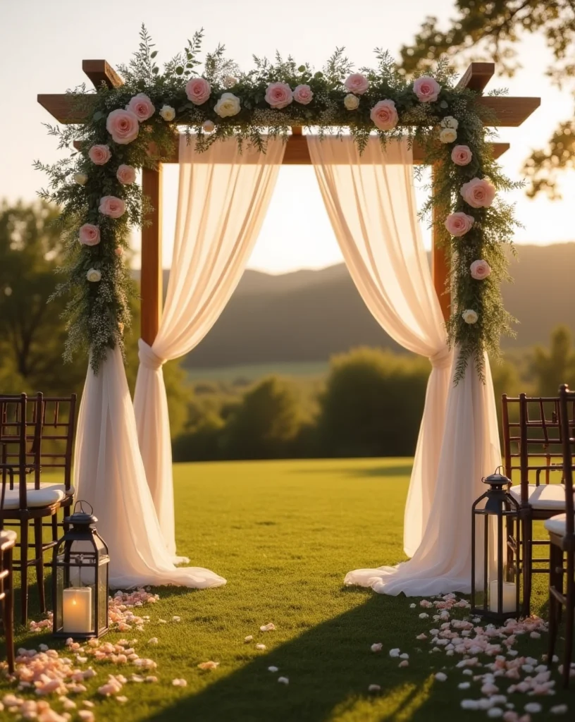 A wedding arch decorated with pink and white flowers and sheer white drapes, set in an outdoor grassy area with a scenic background at sunset.