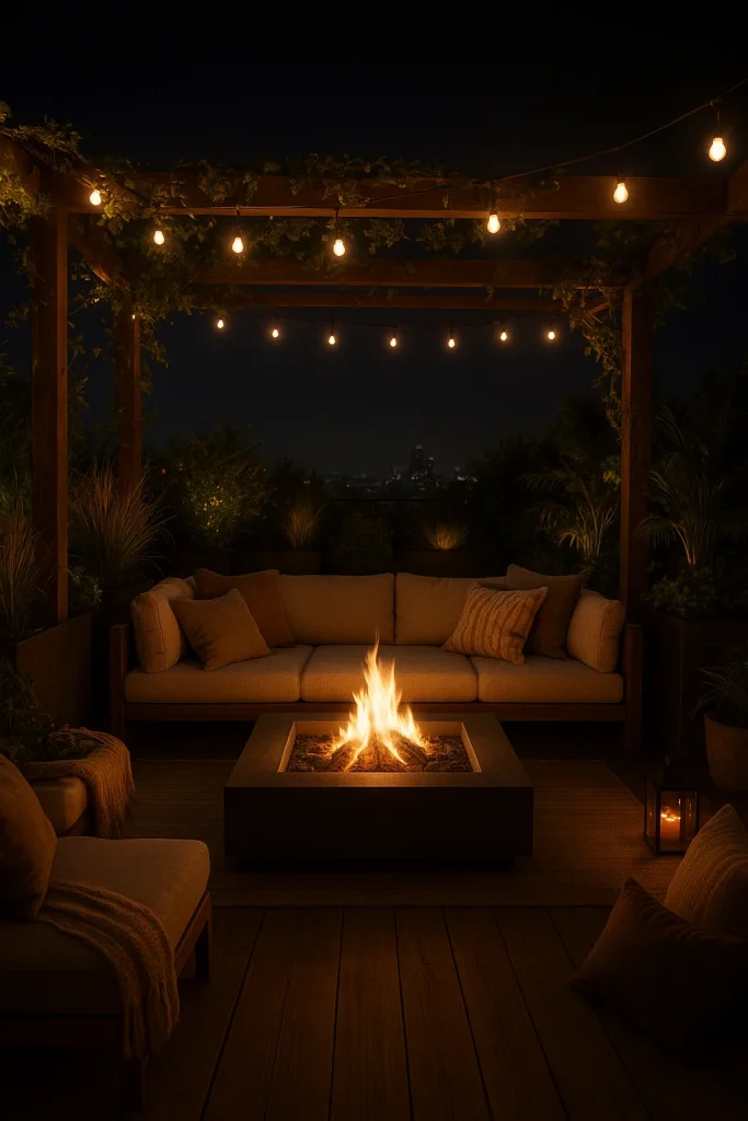 Cozy outdoor patio at night with a fire pit, string lights, and a sofa under a pergola.