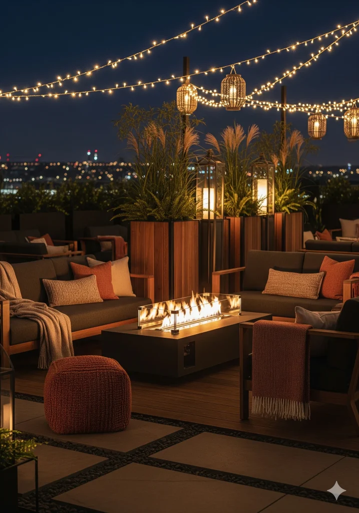 A rooftop patio at night with string lights, lanterns, a fire pit, comfortable seating, and city lights in the background.