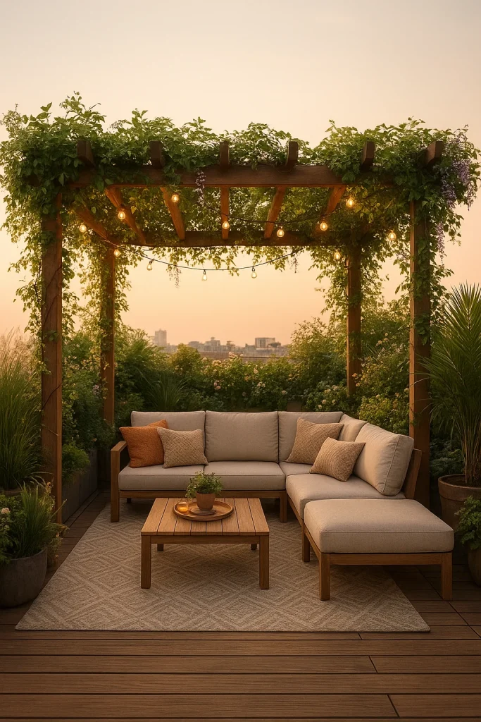A cozy outdoor living space with a pergola covered in greenery and string lights, featuring a sectional sofa, coffee table, and lush potted plants at sunset. 