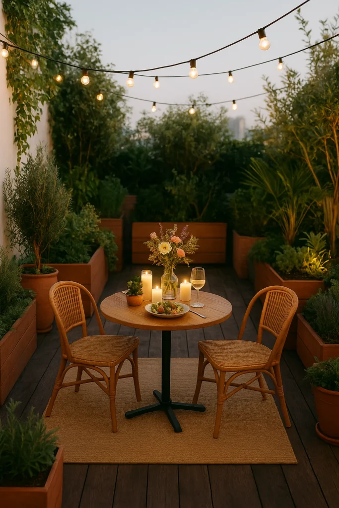 A cozy, illuminated outdoor patio with a dining table set for two amidst lush potted plants and string lights.
