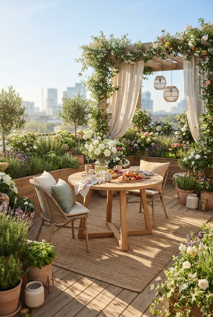 Rooftop Dining Nook Surrounded by Planters