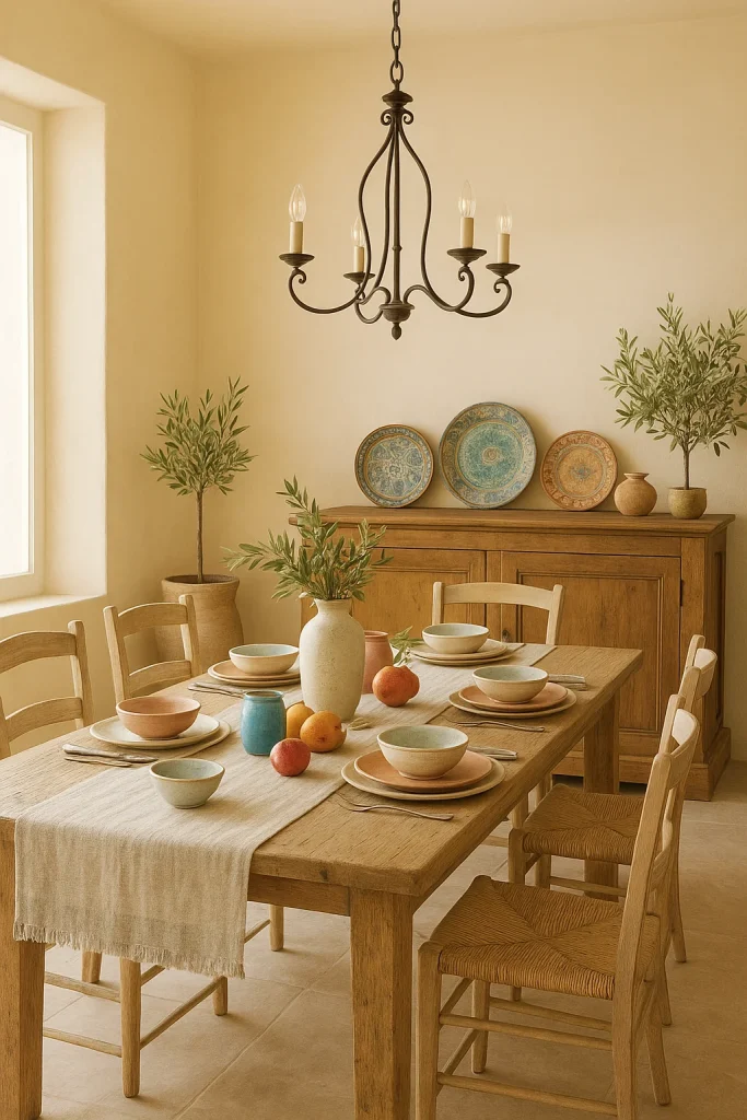 A dining room with a wooden table set for a meal, featuring rustic dinnerware, a centerpiece vase with greenery, and decorative plates on a wooden cabinet.