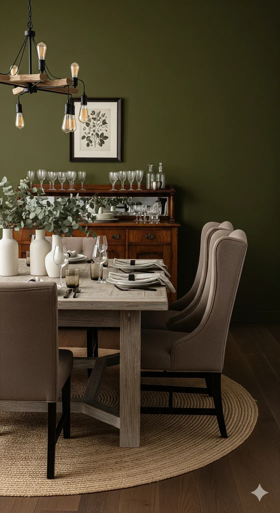 Olive green walls, warm brown chairs, and light wood table create an earthy, serene dining room palette.