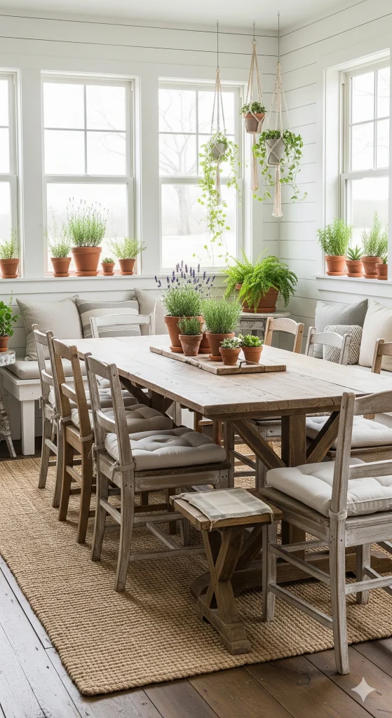 Sunroom Ideas
A rustic dining room with a long wooden table, chairs with cushions, and numerous potted plants on the table, windowsills, and hanging from the ceiling.