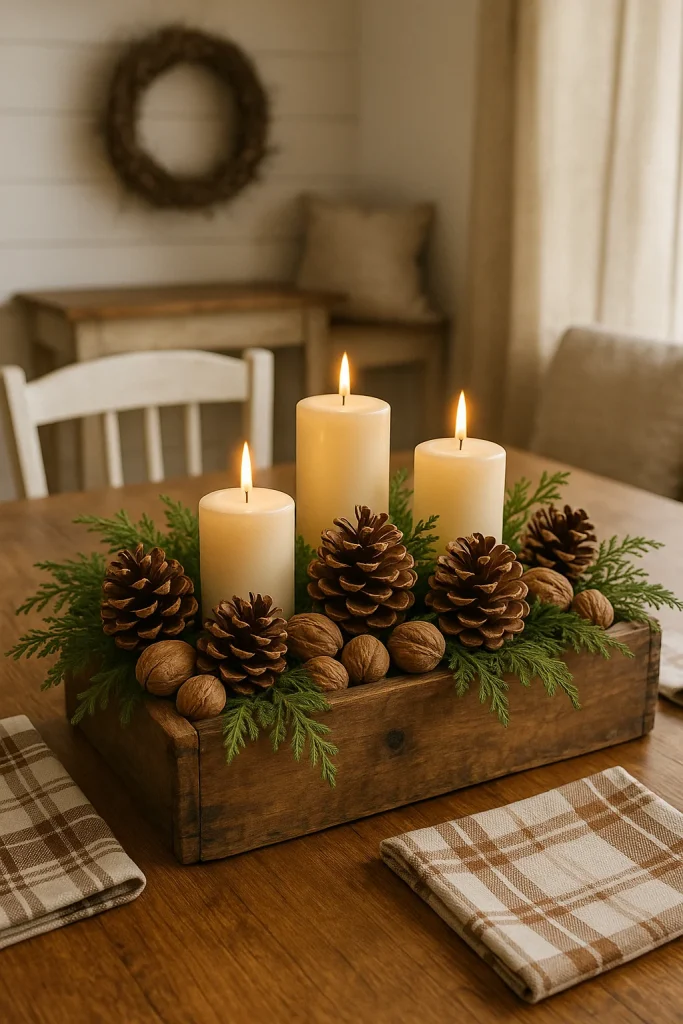 Farmhouse Winter Table Centerpiece decor with pinecone, walnuts and candles