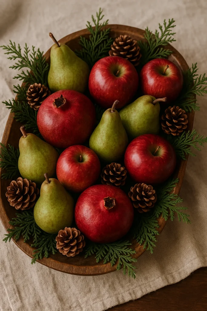  centerpieces with natural elements
A wooden bowl filled with red apples, green pears, pomegranates, pinecones, and evergreen sprigs. 