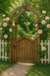 Stylish Garden Gate Ideas: A wooden garden arch and gate covered in vibrant pink climbing roses, leading to a path.