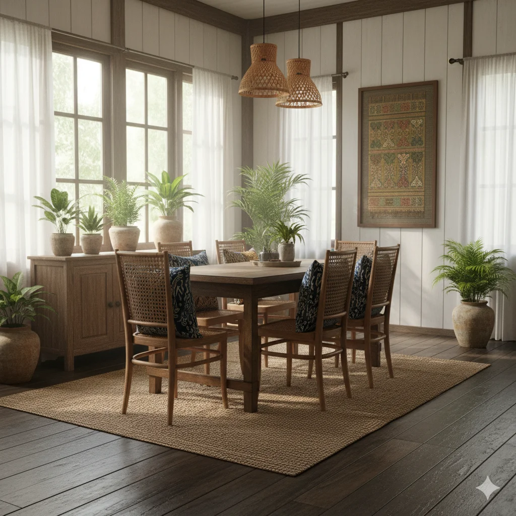 A Rustic Kampung Style dining room with a wooden table, six chairs, several potted plants, and a woven rug.