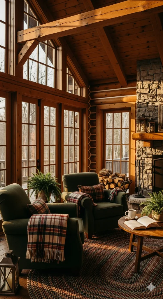 Sunroom Ideas
A cozy log cabin living room with a stone fireplace, large windows, two armchairs with plaid blankets, and a coffee table with a book and mug.