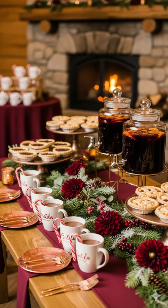 A festive table decorated with evergreen garland, red flowers, and berries, featuring mugs of hot cocoa with candy canes, platters of mini pies, and glass dispensers of beverages.