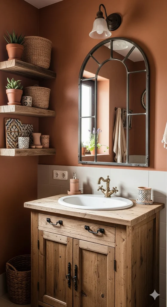 A bathroom featuring a rustic vanity with a white sink, a large arched mirror with a metal frame, wooden floating shelves with potted plants and woven baskets, and terracotta-colored walls.