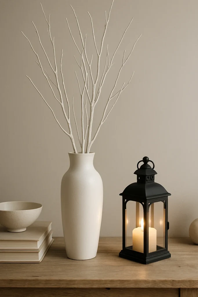 A black lantern with a flickering LED candle, a white vase with branches, and a stack of books with a bowl on top, all on a wooden surface.