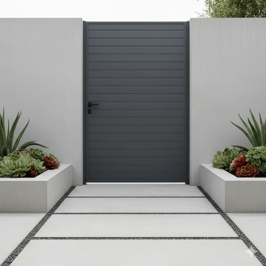 Dark gray gate with horizontal slats, flanked by succulent planters and a paved walkway.