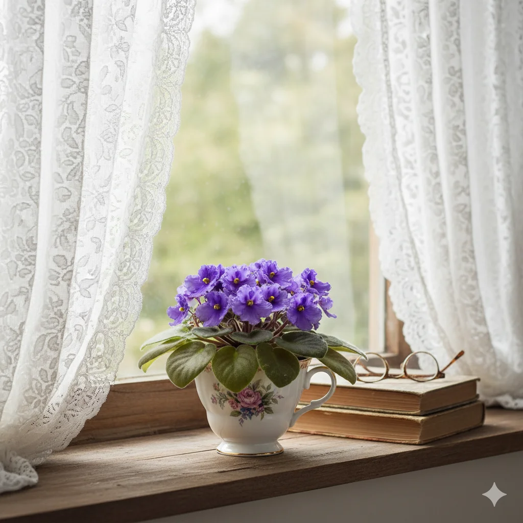 A small African violet with purple blooms in a vintage teacup planter