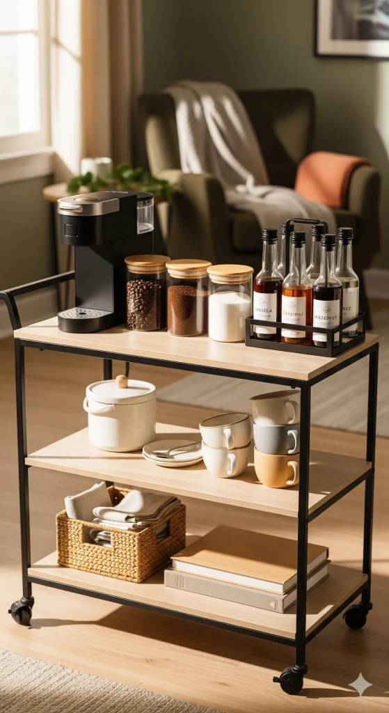 Home Coffee Station Ideas
Small-Space Coffee Cart Setup
A two-tier rolling cart with coffee maker, coffee supplies, mugs, and books.
