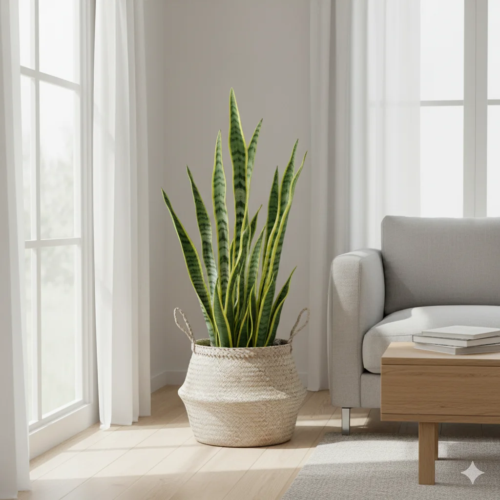 tall snake plant in a woven basket planter, placed in the corner of a Scandinavian-style living room
