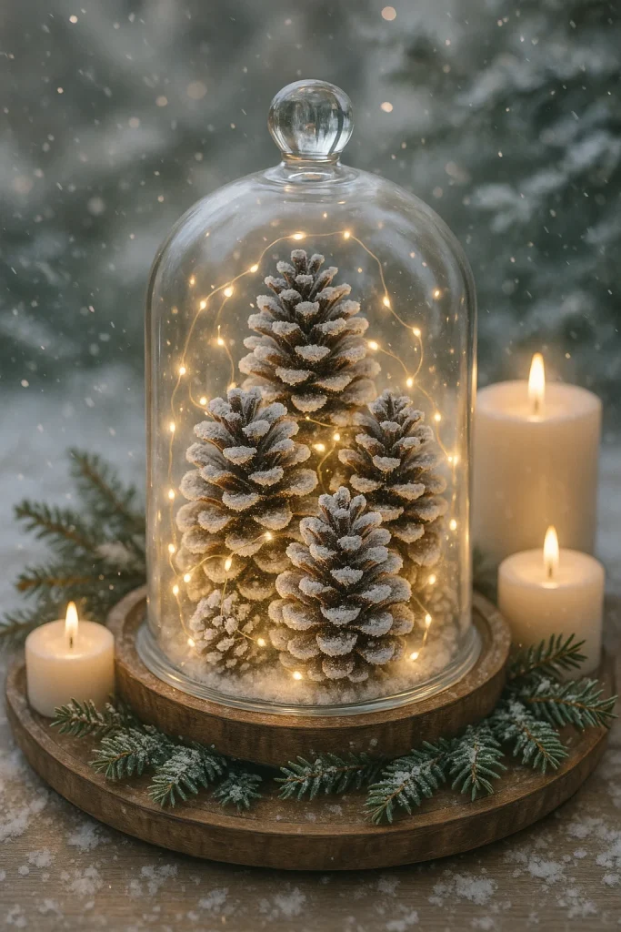  centerpieces with natural elements: Glass cloche with pine cones, fairy lights, and candles on a wooden tray with frosted evergreen branches. 