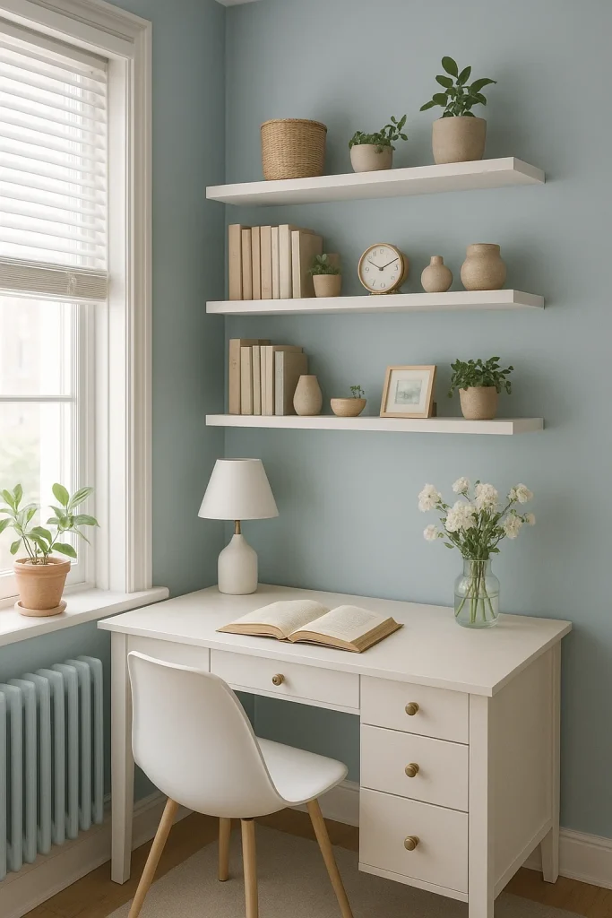 A soft blue and white color scheme study room. A well-lit home office with a white desk, chair, lamp, and shelves adorned with books and decor, beside a window.