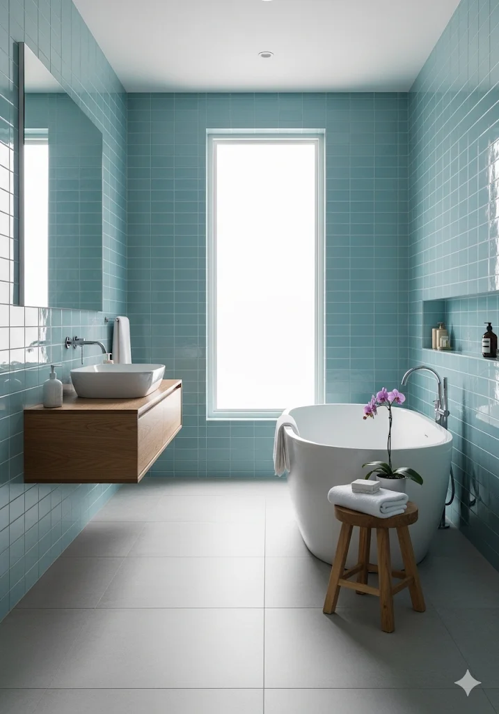 A short alt text for the image is: "Modern bathroom with blue subway tiles, a freestanding bathtub, and a floating vanity with a vessel sink.