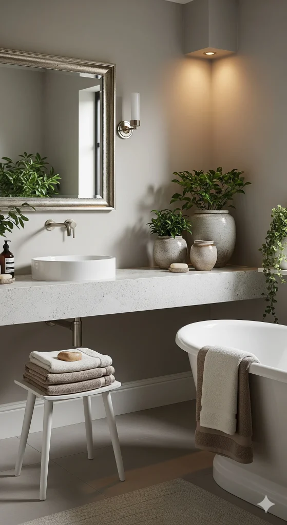A modern bathroom featuring a white freestanding tub, a vanity with a vessel sink, and potted green plants.