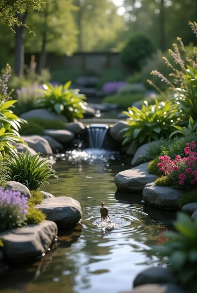 A serene garden scene with a small waterfall feeding a stream, surrounded by lush green plants, rocks, and pink and purple flowers, with a small figure in the water.