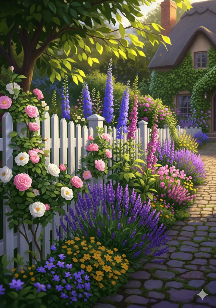 A vibrant cottage garden with a white picket fence, blooming roses, lavender, and tall purple and pink flowers, leading to a cozy house.
