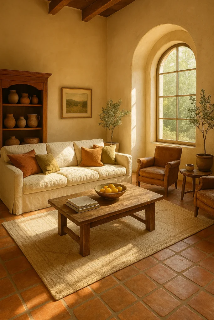 A cozy living room with a rustic Mediterranean style, featuring a cream sofa, leather armchairs, a wooden coffee table with oranges, and a large arched window.