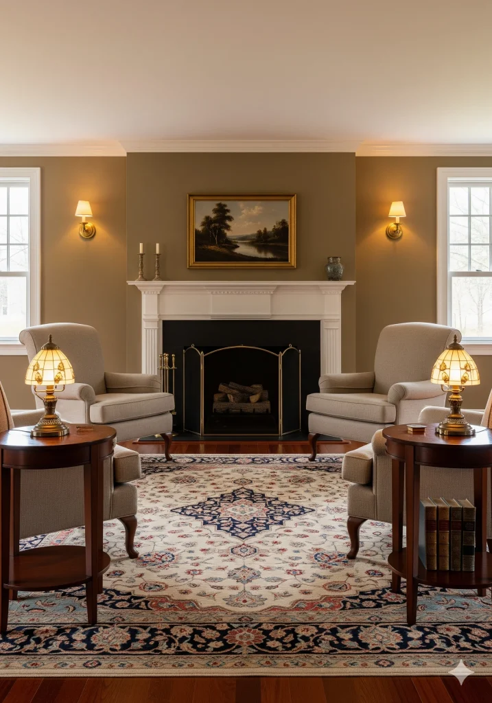 Colonial Style Interior Design
A cozy living room with a fireplace, two armchairs, end tables with lamps, and a patterned rug.