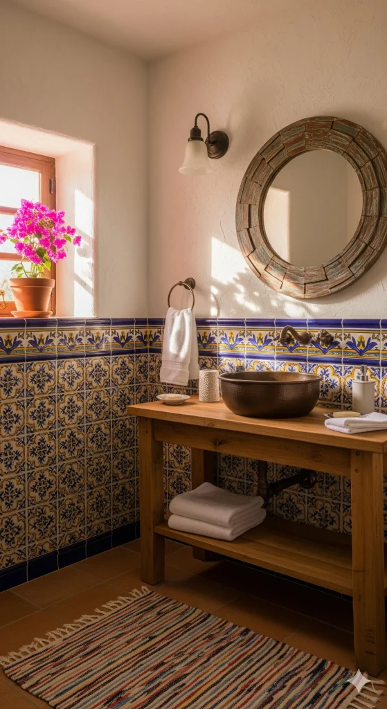 A rustic Spanish Bathroom Design  with colorful Spanish tiles, a wooden vanity with a vessel sink, and a round mirror.