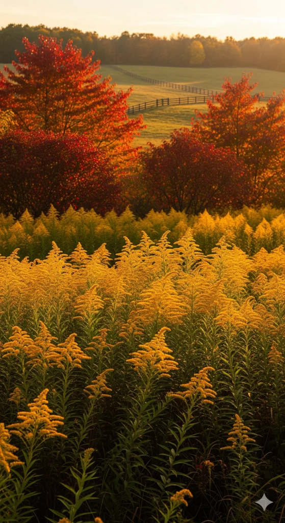 A field of goldenrod flowers in bloom, with trees in the background showing autumn colors. 