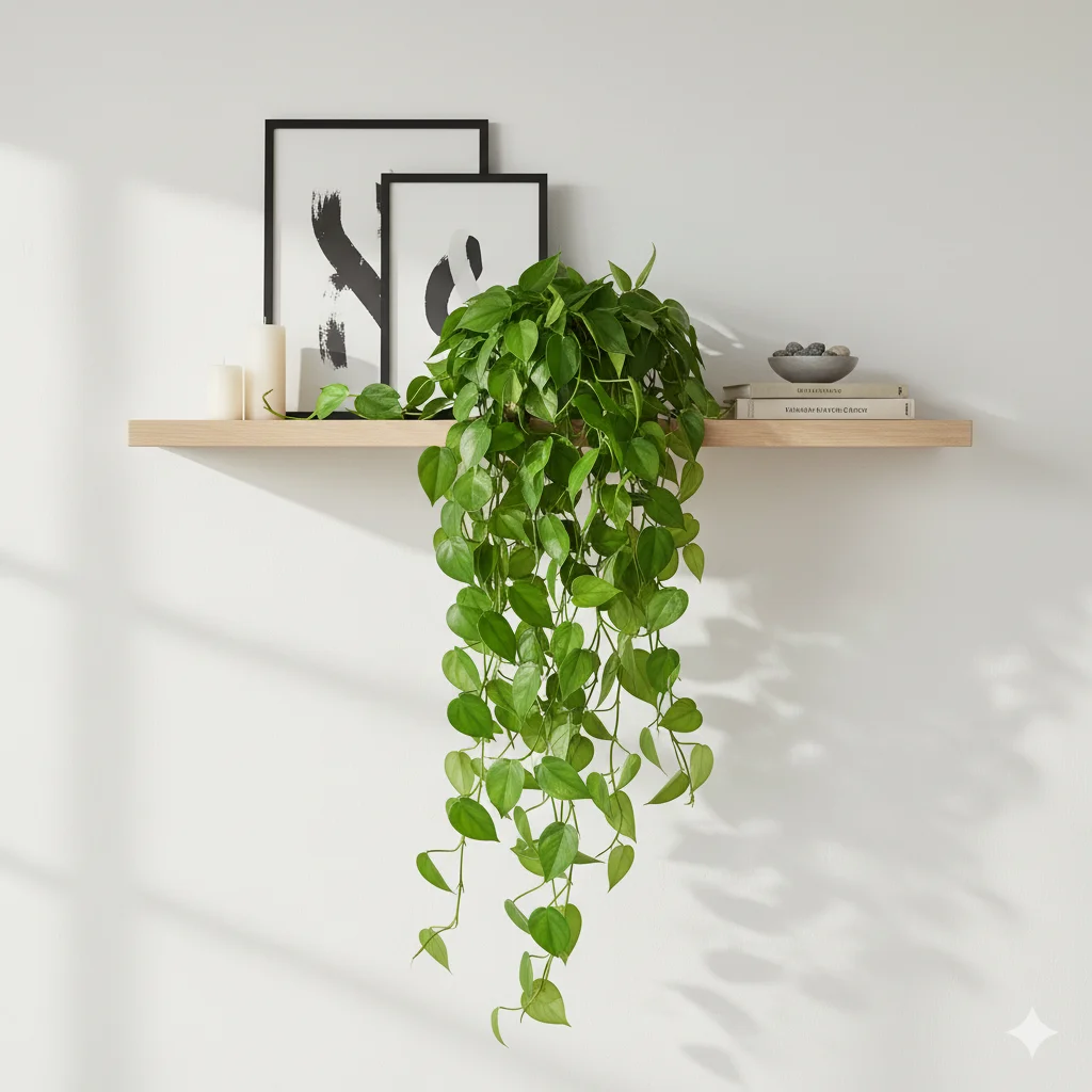 A trailing philodendron spilling over the edge of a floating shelf
