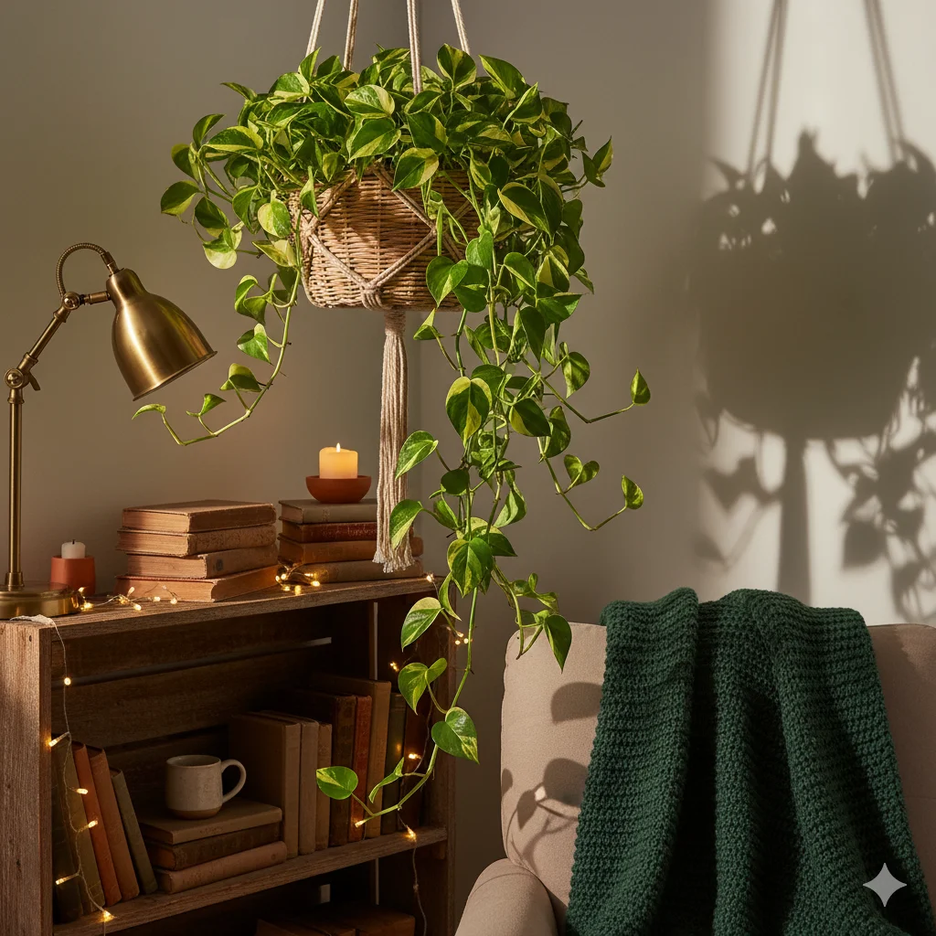 A trailing pothos plant cascading from a hanging macrame planter in a cozy reading nook