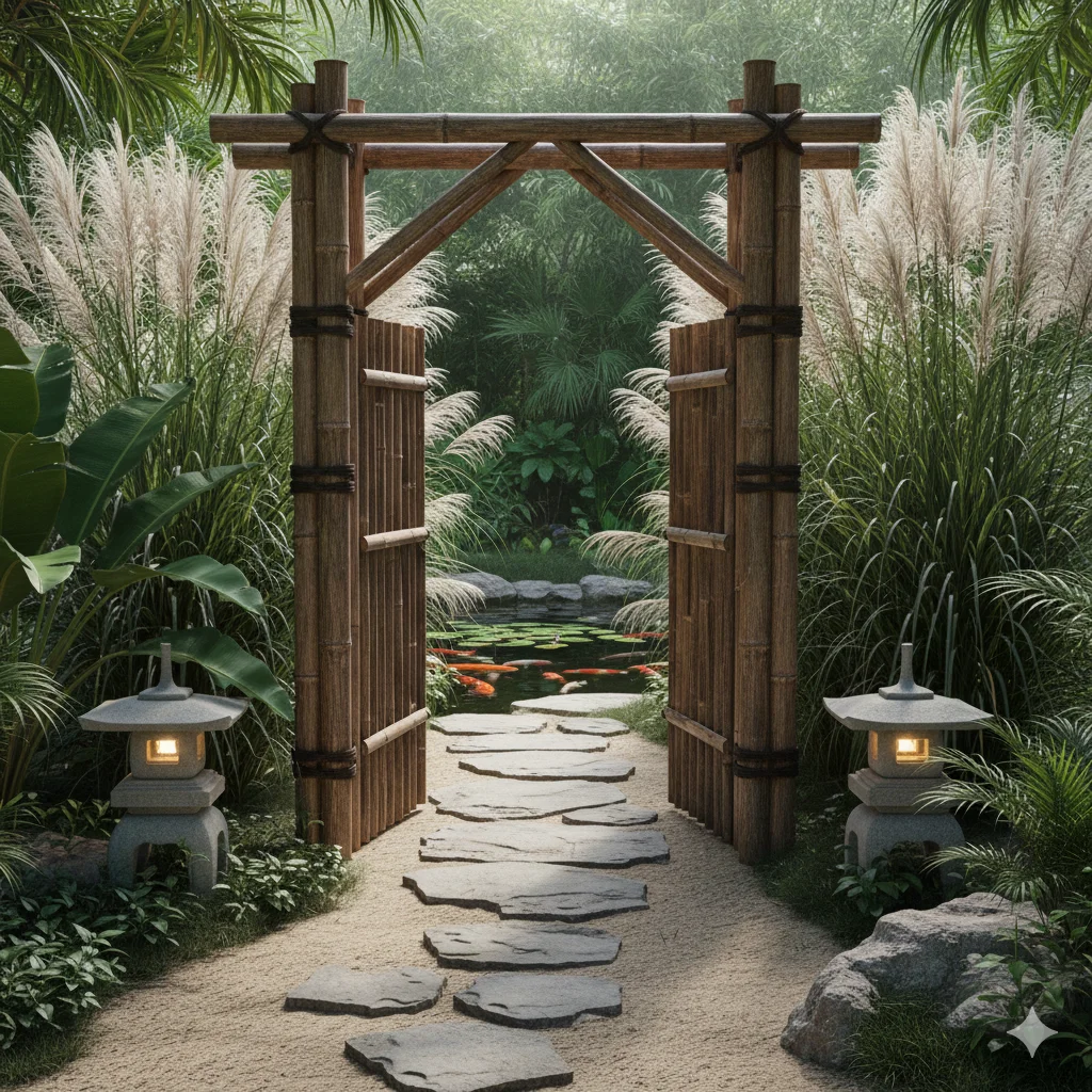 A serene Japanese garden entrance with a bamboo gate, stone lanterns, a stepping stone path, and a pond with koi fish.