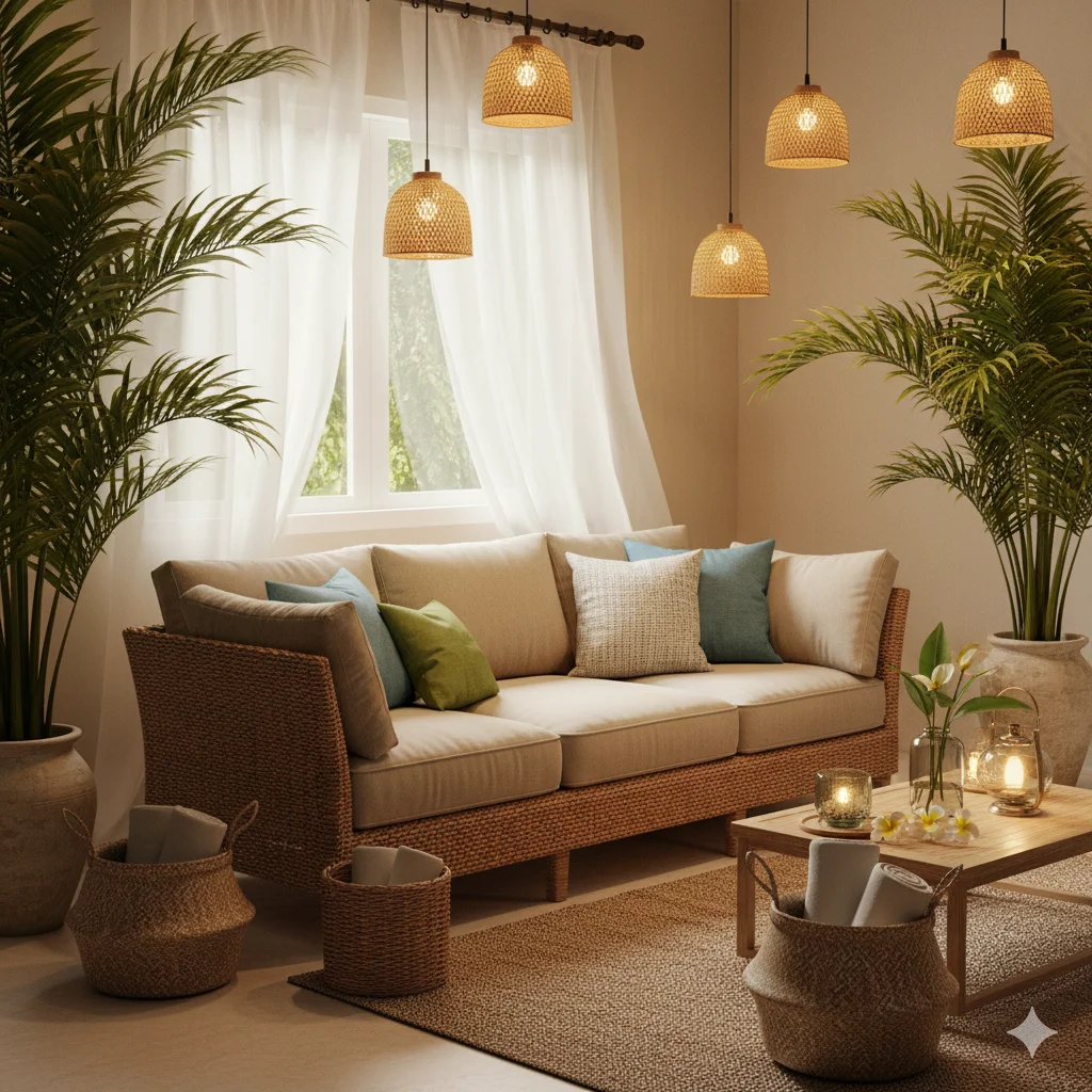 A Tropical Resort Vibes cozy living room with a woven sofa, potted plants, and warm lighting from rattan pendant lamps and candles.